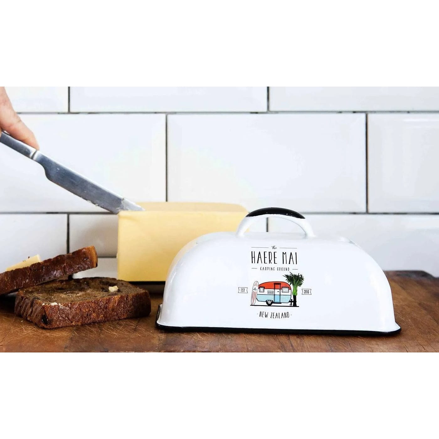 Enamel Butter Dish - Haere Mai - White