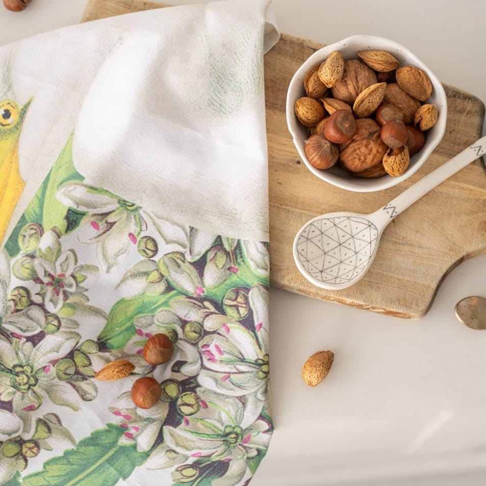 NZ Birds & Botanicals Tea Towel - White Heron and Tawari